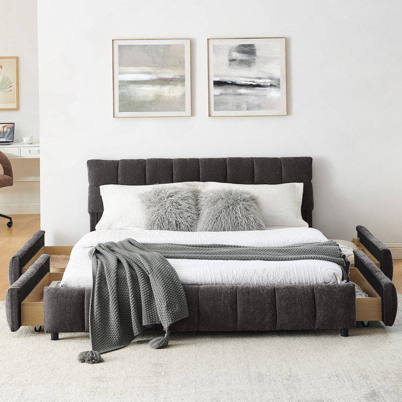 Lit tapissier avec tête de lit et tiroir de rangement, Gris foncé