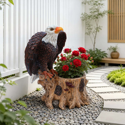 Pot à fleurs sur une souche d'arbre Majestic Eagle avec des ailes déployées - Pot de fleurs décoratif en polyrésine durable pour patio et pelouse - Cadeau de décoration unique