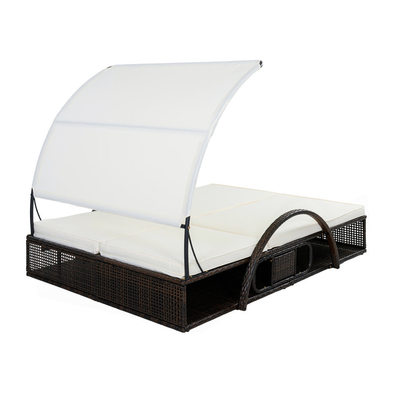 Chaise longue d'extérieur à structure en acier avec dossier réglable, lit de bronzage double avec table d'appoint cachée et accoudoirs arqués, convient pour la terrasse de la piscine, le jardin et la cour