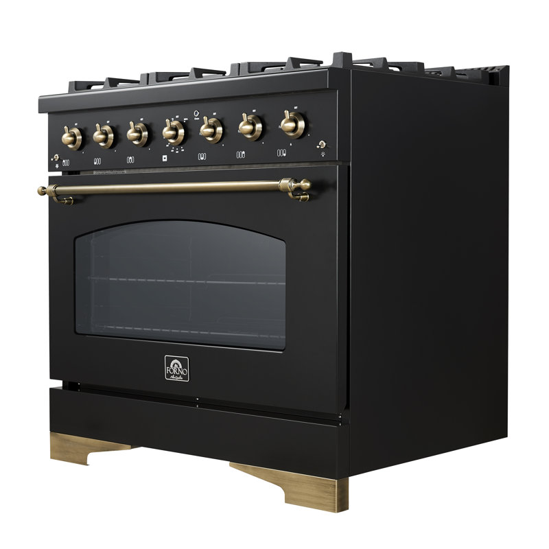 Forno Antico 36-inch Dual Fuel Range with 6 Sealed Gas Burners, Electric Convection Oven, Antique Brass Finish, Black