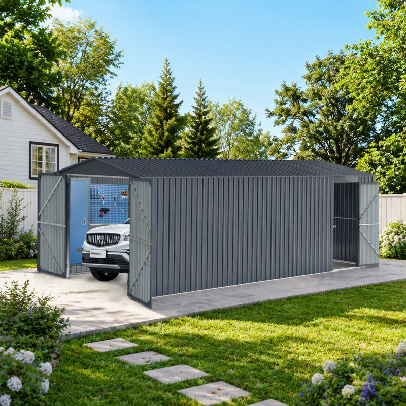 Remise de rangement extérieure en métal durable avec toit incliné et grandes portes d'accès pour une utilisation polyvalente dans les cours et les jardins