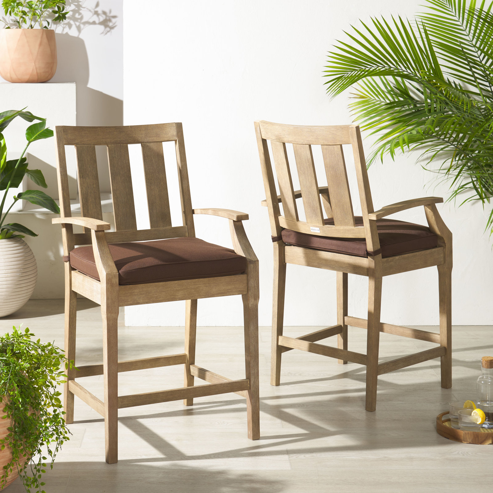 Samya Eucalyptus Patio Bar Stool, Dark Brown
