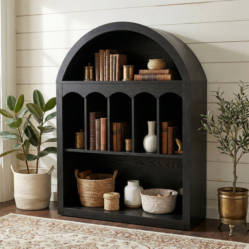 40" Small Arch Bookcase with Display Shelves  for Living Room, Bedroom Or Entryway, Black