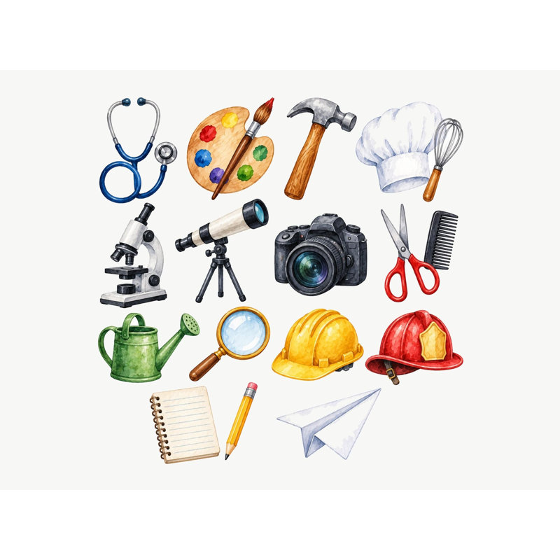 When I Grow Up Career Tools Wall Decals, Set of 15 Peel and Stick Nursery Wall Stickers, Stethoscope Camera Hard Hat Palette, Satin Finish Removable Kids Room Wall Art, 20"W x 20"H (50 x 50 cm