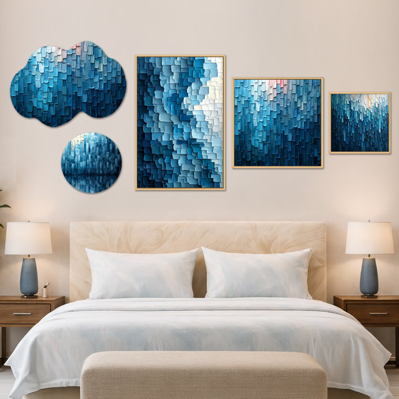 «Blue Cubic Matrix V», ensemble de 5 décorations murales abstraites sur toile et métal (100 po x 40 po)