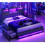 Grandes structures de lit avec tête de lit avec rangement et 2 grands tiroirs, lit de jeu avec lumières RVB et station de charge, lit plateforme tapissier en cuir, lit de style Esports, aucun sommier nécessaire, noir-883851287-1001922675
