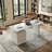 63" Modern Sintered Stone Computer Desk with Reversible 3-Drawer Cabinet, White Home Office Writing Desk with Fluted Leg-1898936034