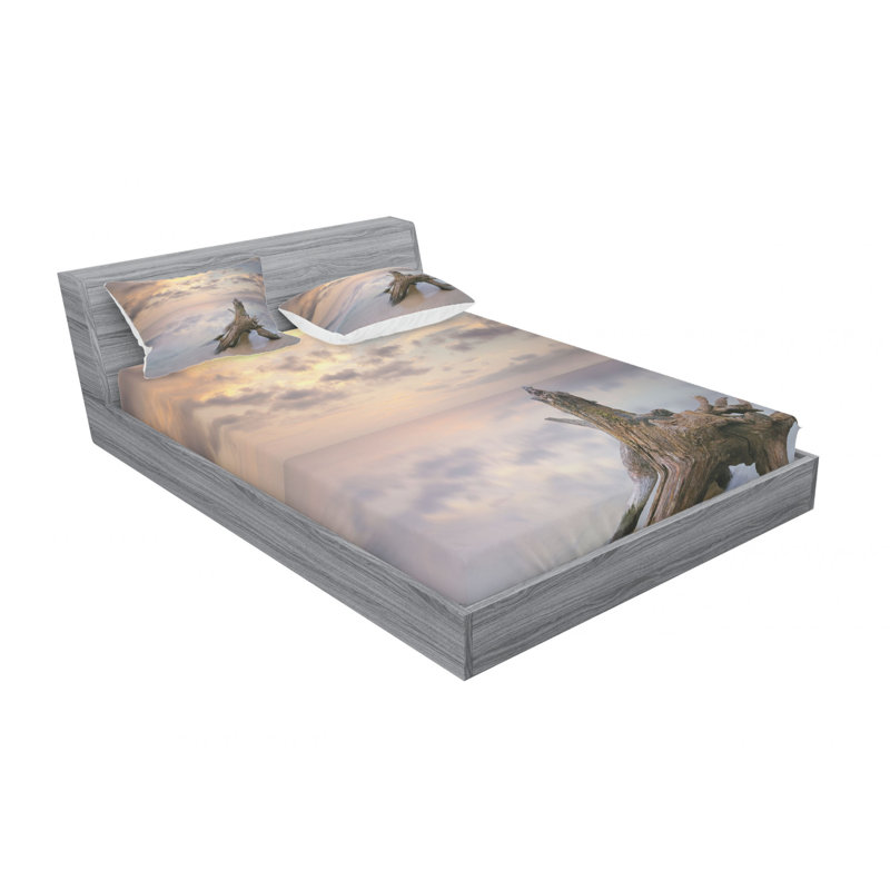 Ensemble de draps numériques Sunrise on the water et Driftwood on the Sandy Beach, Taies d'oreiller pour grand lit