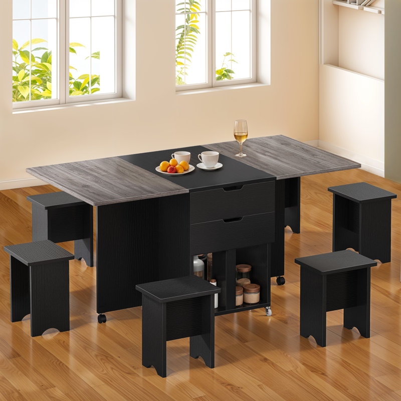 66.9 Space Saving Foldable and Extendable Dining Table with 6 chairs, Grey