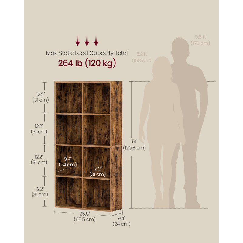 8-Cube 51''H Open Storage Shelf, Versatile Bookcase, Rustic Brown, 51" H x 25.8" W x 9.4" D