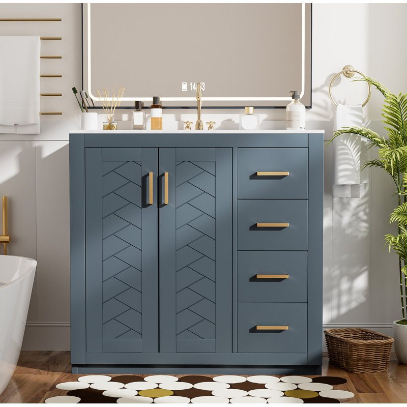 Ensemble de meuble-lavabo 36 po avec lavabo en céramique, armoire de rangement en bois massif, ensemble de meuble-lavabo autoportant avec 3 tiroirs et portes à fermeture douce,