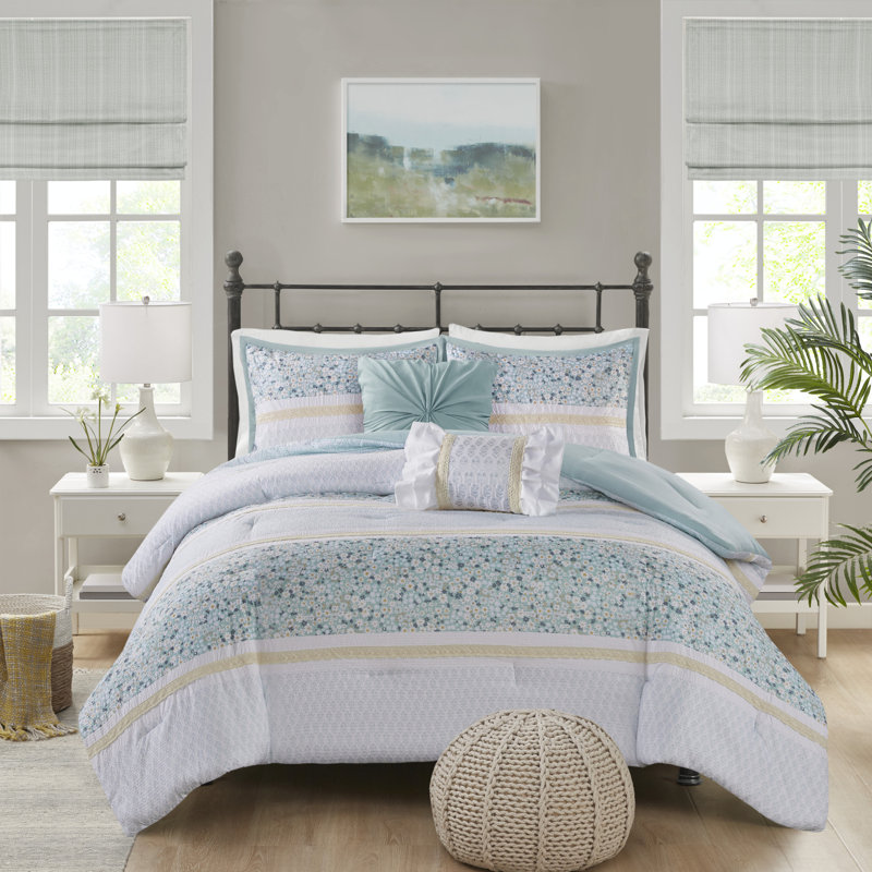  Ensemble d'édredon 5 pièces avec coussins décoratifs Seersucker, Grand édredon + 2 taies décoratives standard + 2, Turquoise