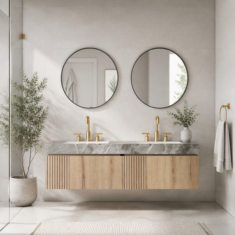 Meuble-lavabo de salle de bain avec lavabo, armoire en contreplaqué flottant, plateau en pierre frittée gris clair, 2 lavabos en céramique, 3 trous de robinet, pré-assemblé