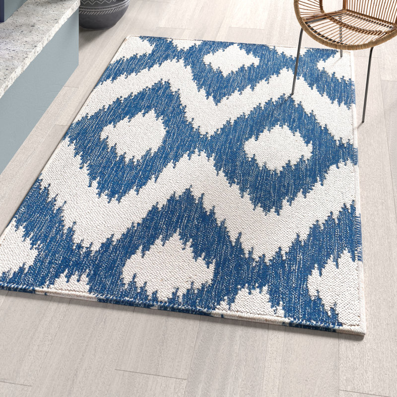 Tapis bleu / blanc en laine tissé à plat à la main Baptista, Rectangle 3 pi 6 po x 5 pi 6 po
