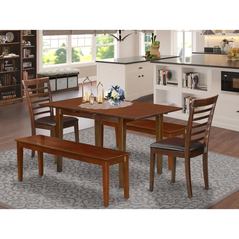 5 Piece Dining Table Set Includes a Rectangle Dining Room Table with Butterfly Leaf and 2 Faux Leather Chairs with 2 Benches, Mahogany