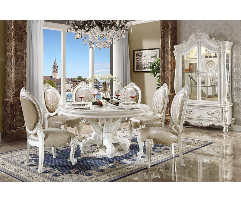 ACME Versailles Round Dining Table, Synthetic Leather & Bone White Finsih, Bone White