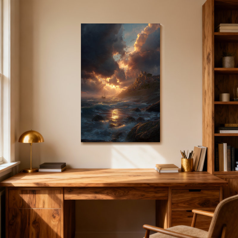 Paysage et nature Coucher de soleil sur un château côtier et la mer, H 36 po x l 24 po