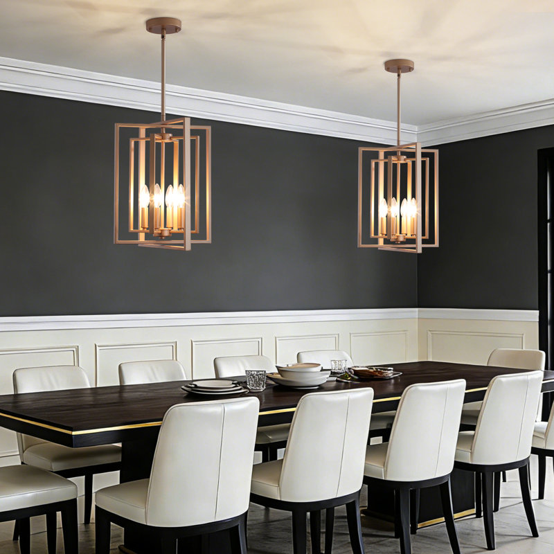 4 - Light Dimmable Industrial Square/Rectangle Lantern Chandelier For Kitchen Island Dining Room Foyer Hallway, Gold