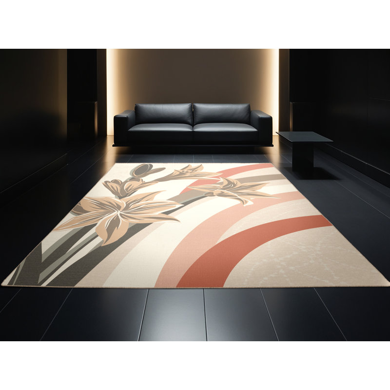 Tapis éclectique beige lavable à la machine Ottwell Amaryllis - reliure beige, Rond 7 pi