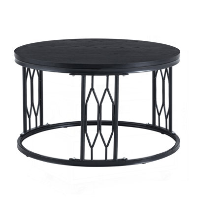Table basse ronde en panneau de fibres à densité moyenne avec texture effet pierre, 27,5 pouces de diamètre, style Wabi-sabi, structure en métal robuste, assemblage facile