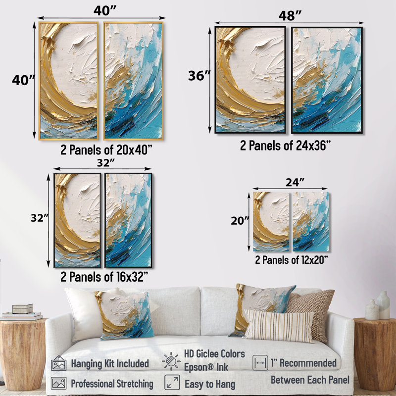 Nébuleuse spirale dorée et turquoise - Spirales abstraites sur toile, 2 panneaux, H 36 po x l 48 po, Toile tendue