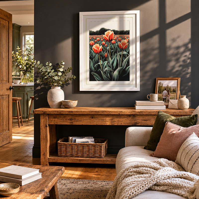 Tulip Fields Botanical - Framed Print, A4 - 29.7 x 21.0 cm, White