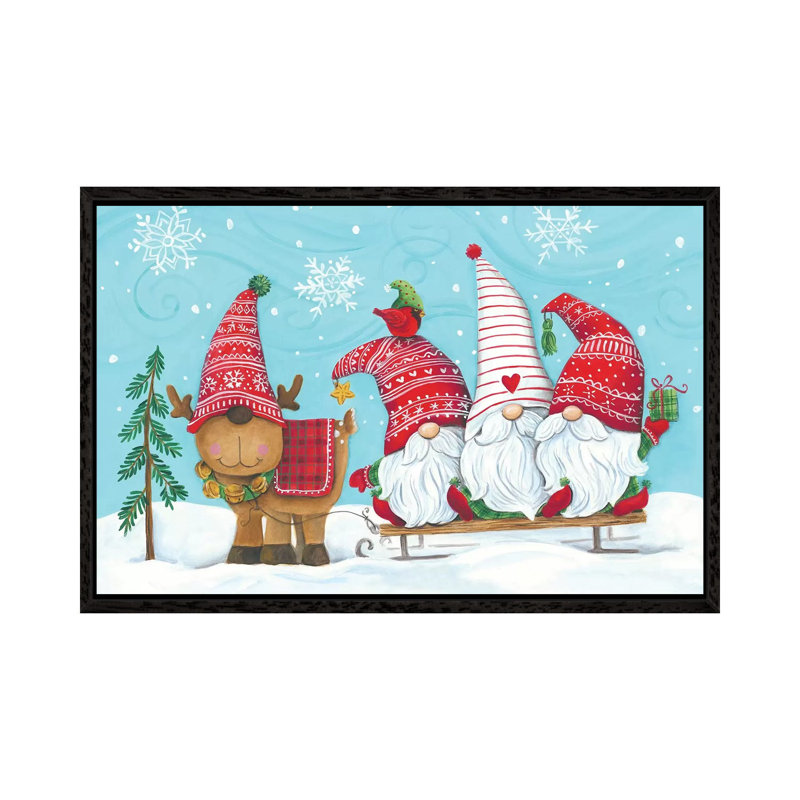 Elf Gnome Trio With Reindeer by Diane Kater - Print on Canvas, 66.04 cm H x 45.72 cm W, Black Framed