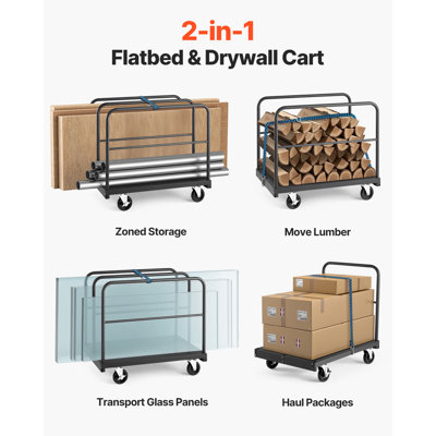 Drywall Cart Dolly, 1800 lbs Load Capacity, 2-in-1 Steel Panel Truck Cart with 5 inch Swivel Casters, 36 x 24 inch Platform Truck with 4 Side Handrails for Factory, Warehouse, Garage, Black