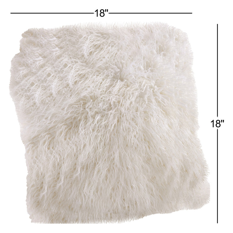 Faux Mongolian Square Faux Fur Pillow Cover and Insert, Ivory, 18"H x 18"W