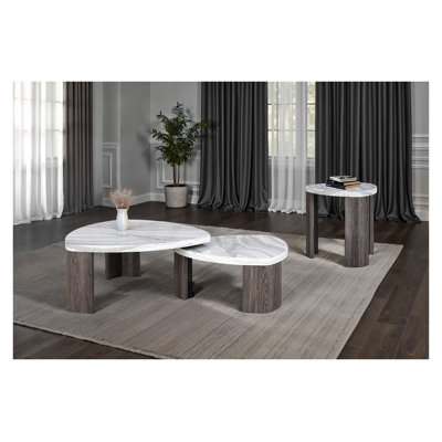Contemporary 3-Piece Swivel Nesting Table Set with Replicated Marble Pattern and Hidden Casters, Gray