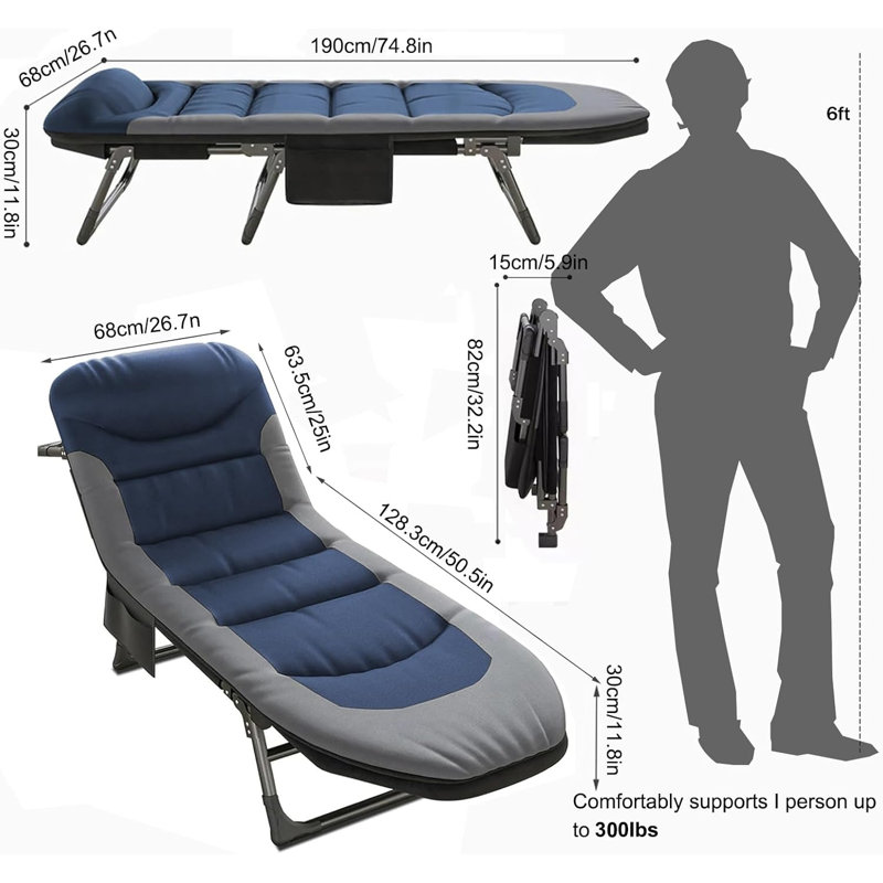 ‌Portable Folding Camping Lounge Chair, 6-Position Adjustable Chaise Lounge with Mattress & Side Pocket for Patio Beach Balcony(Blue)