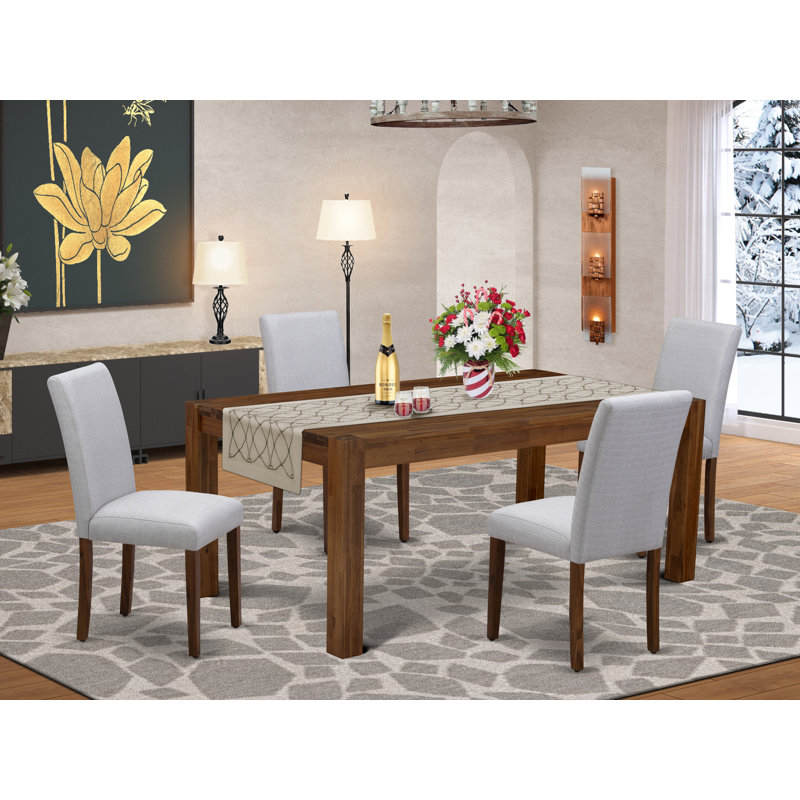 5 Piece Dinette Set for 4 Includes a Rectangle Rustic Wood Dining Table and 4 Grey Linen Fabric Parson Dining Room Chairs, Walnut