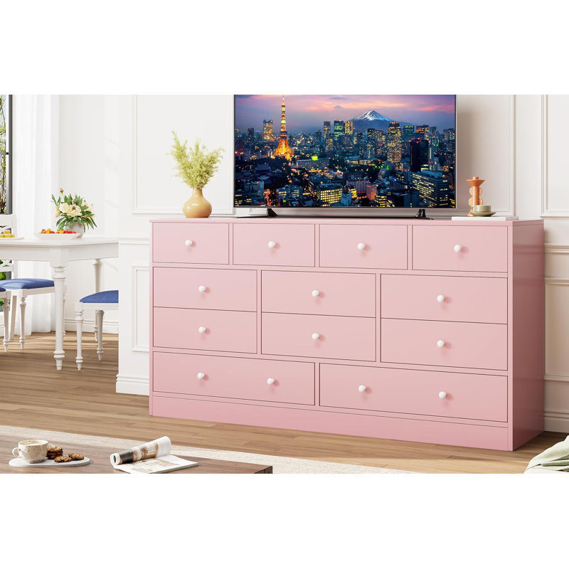 Commode 12 tiroirs pour chambre à coucher, commode en bois 61 pouces avec prise de courant, Rose