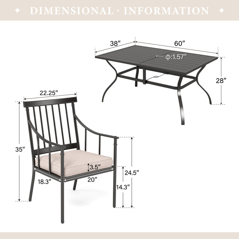 6 - Person Metal Patio Dining Set With Rectangular Table , Cushions Included