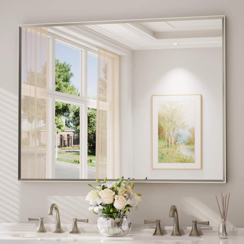 Bathroom Vanity Mirror with Aluminum Frame and Tempered Glass, Rectangle, 48" x 36", Brushed Nickel
