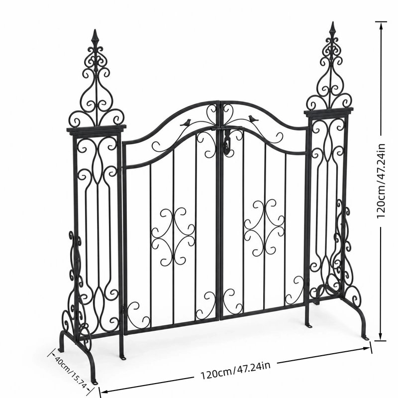 Portail de jardin en fer forgé noir orné de volutes et d'un oiseau décoratif, 120 x 120 cm, double porte décorative avec fixations sécurisées, portillon autoportant de style vintage en métal pour jardin, terrasse ou allée.