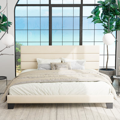 Lit plateforme Elison avec tête de lit tapissier en tissu et lattes en bois