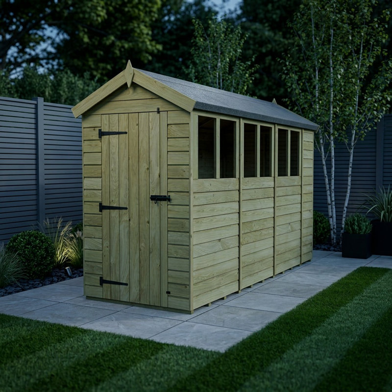 Total Sheds 4ft x 14ft Apex Garden Shed - Single Door - With Windows - Pressure Treated Timber - UK Manufactured
