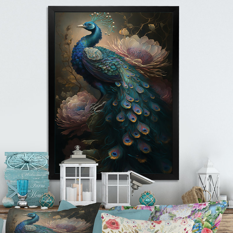 Peacock with Flowers - Print on Canvas, Framed Print, 20" H x 12" W, Black