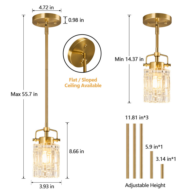 Modern Pendant Light Metal Suspension Pole Pendant Light Glass Pendant Lights for Bathroom Farmhouse Kitchen Island, Gold