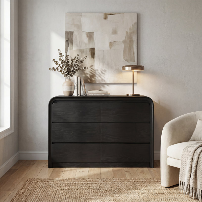 47.24" Modern 6-Drawer Dresser with Curved Edges, Wide Chest of Drawers for Bedroom Storage, Black