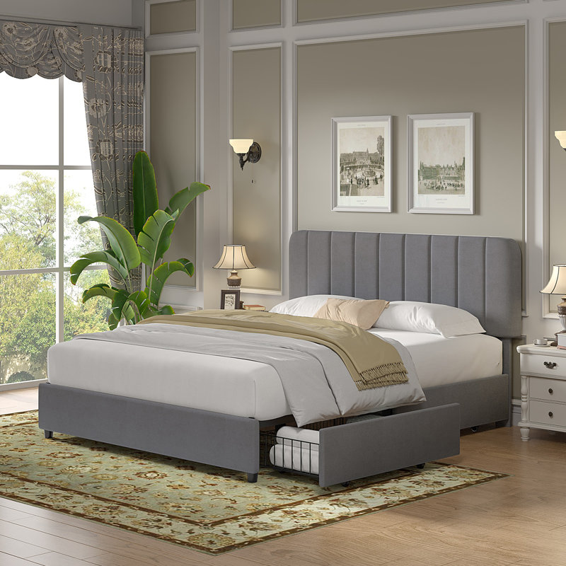 Double Size Upholstered Beds, Modern Platform Bed Frame With Adjustable Headboard And 4 Storage Drawers, Wooden Slats Support, No Box Spring Needed