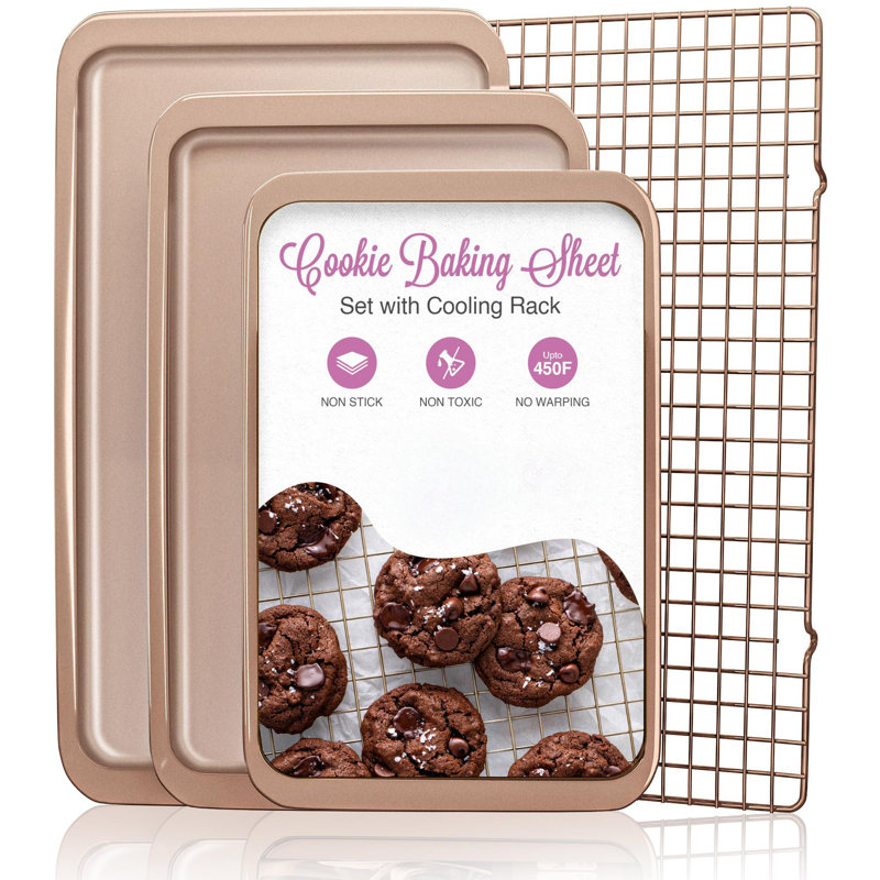 3 Cookie Sheets For Baking + Cooling Rack, Non Stick Baking Sheet Set With Cookie Cooling Rack - Half/Quarter/Jelly Roll Pan With Wire Rack, Sheet Pan Set Of 3