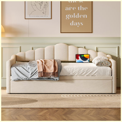 Upholstered Twin Size Daybed with Adjustable Height Pop Up Trundle Twin Bed and USB Type-C Charging Port, Day Bed Frame with 2 Side Pockets, No Box-