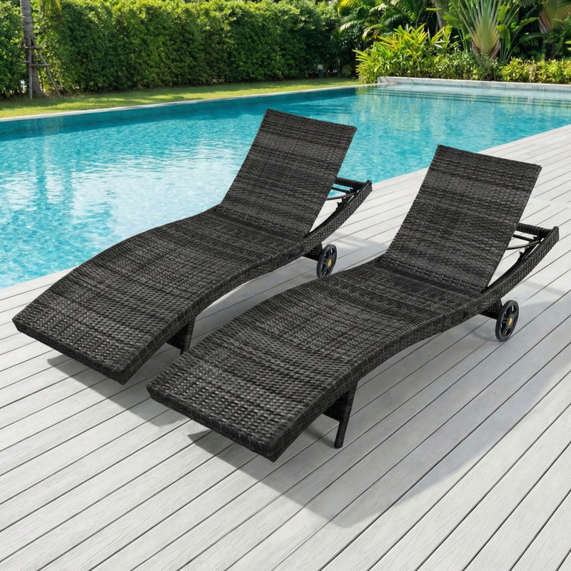 Ensemble de chaise longue de 80 po en osier de patio, fauteuil inclinable d'extérieur en rotin avec roulettes, table d'appoint coulissante, dossier réglable pour le bord de la piscine