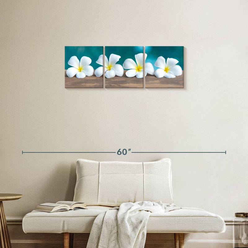 Fleur de frangipanier blanc sur toile, reproduction de 3 pièces, H 12 po x l 38 po x P 1 po