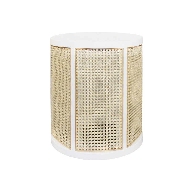 Freya Round Beige and White Wood End Table with Storage