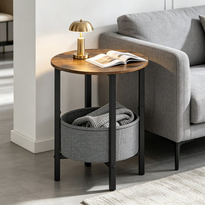 Round Side Table with Storage Basket, Oval End Table with Steel Frame, Small Nightstand for Living Room, Bedroom, and Small Spaces, Rustic Brown