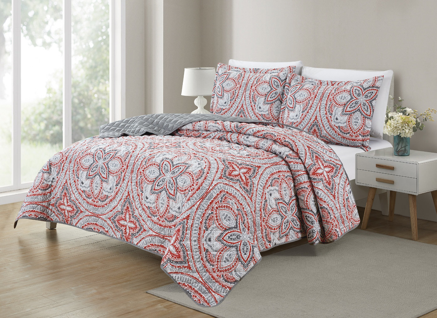 Bibb Home Grey Red Floral_Bibb Home 3 Piece Printed Reversible Quilt ...