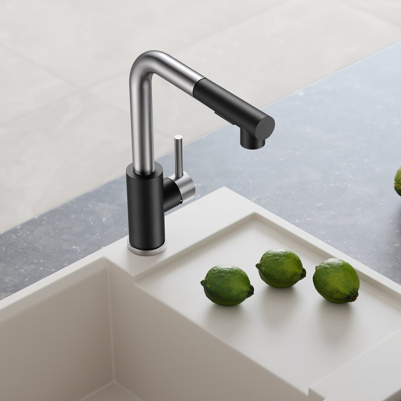 Robinet de cuisine rétractable à poignée simple avec plaque de pont, poignées et conduites d'alimentation, Noir / brossé